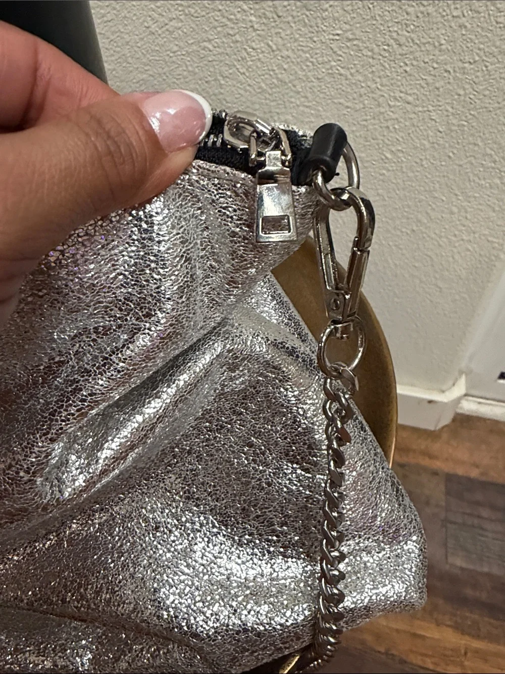 Zara Metallic Silver Foil Crossbody Bag Pearl Bumblebee Accent Cottagecore Glam
